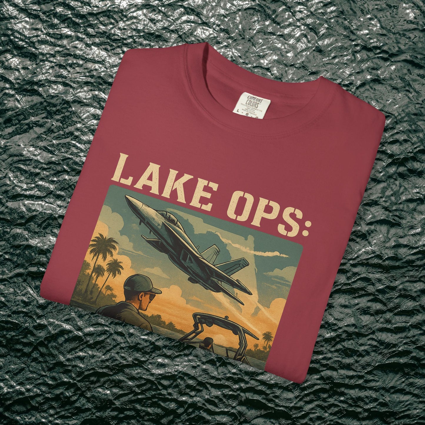Garment-Dyed Comfort Tee for Adults in a rich maroon hue, adorned with a 'Lake Ops' graphic, made of 100% ring-spun cotton for a soft and durable feel.