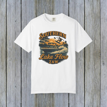 Southern Lake Flow T-Shirt in white, showcasing an eye-catching water skiing design, crafted from sustainable 100% US cotton, offered in sizes S-4XL.