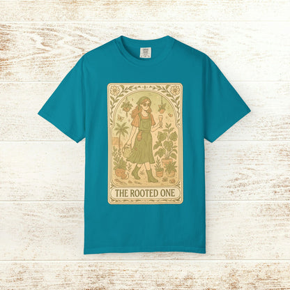 Rooted One Tarot Tee in vibrant turquoise color, showcasing a classic design of a nature-inspired character. Ethically sourced cotton, offered in sizes S-4XL for everyone.