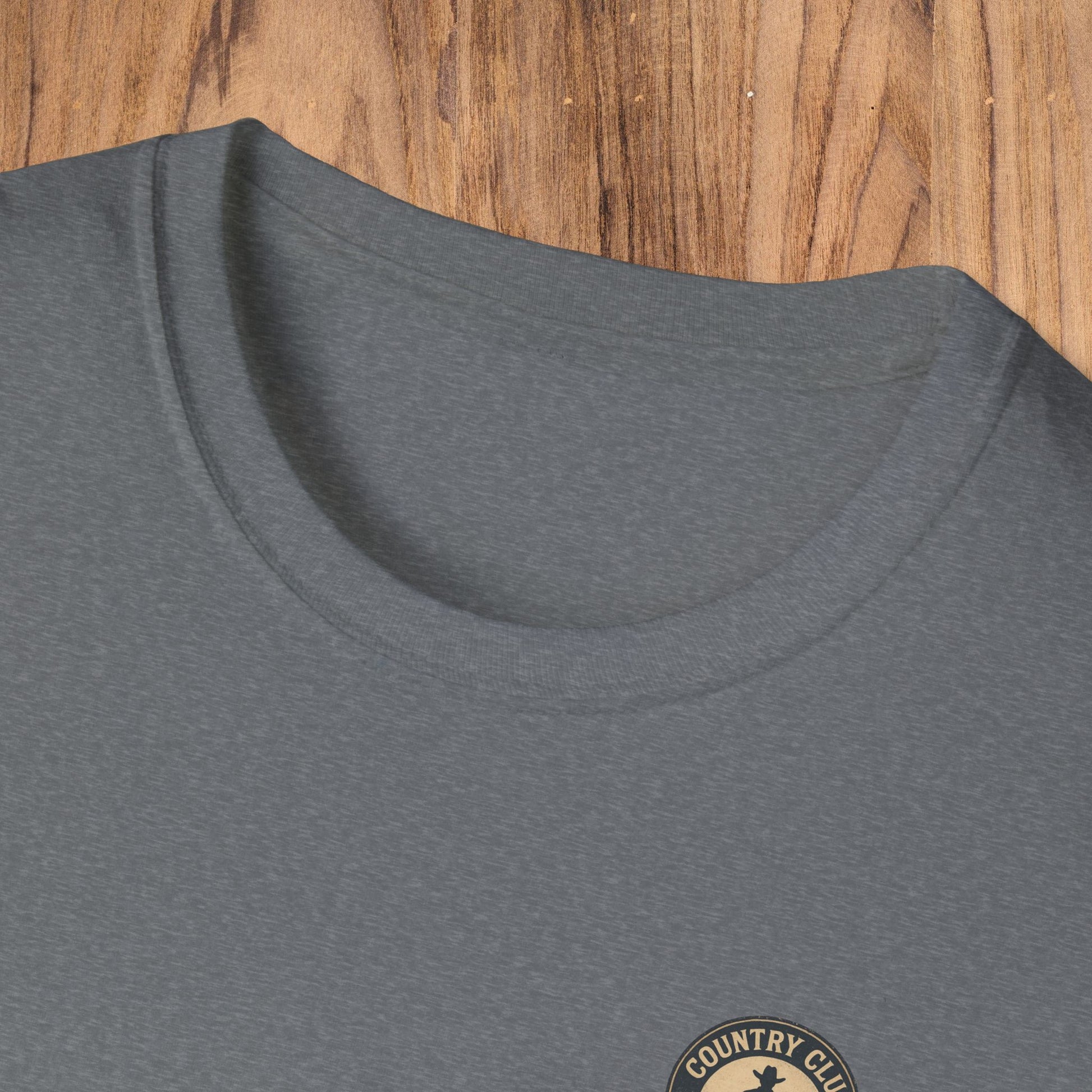 Close-up view of the Vintage Southern Gentleman Golf Shirt showcasing the crew neckline design. This Country Club Outlaw Cowboy Tee features 100% cotton material for comfort and style.