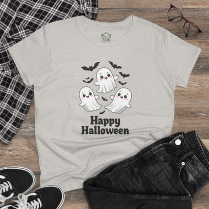 Cute Halloween Ghost T-Shirt for Kids & Adults, Unisex Spooky Tee displayed with casual outfit, featuring a charming ghost print, a must-have for Halloween.