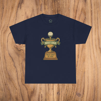 Best Dad Trophy T-Shirt in navy blue, featuring a delightful golf trophy illustration with 'Best Dad by Par', created from soft durable cotton for all-day comfort.