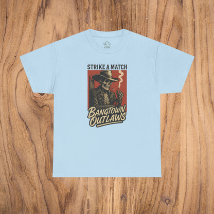 Bangtown Outlaws Retro Casual Party Shirt - Unisex Cotton Tee in light blue, featuring a striking graphic with a skeleton, perfect for stylish gifting and festive occasions.