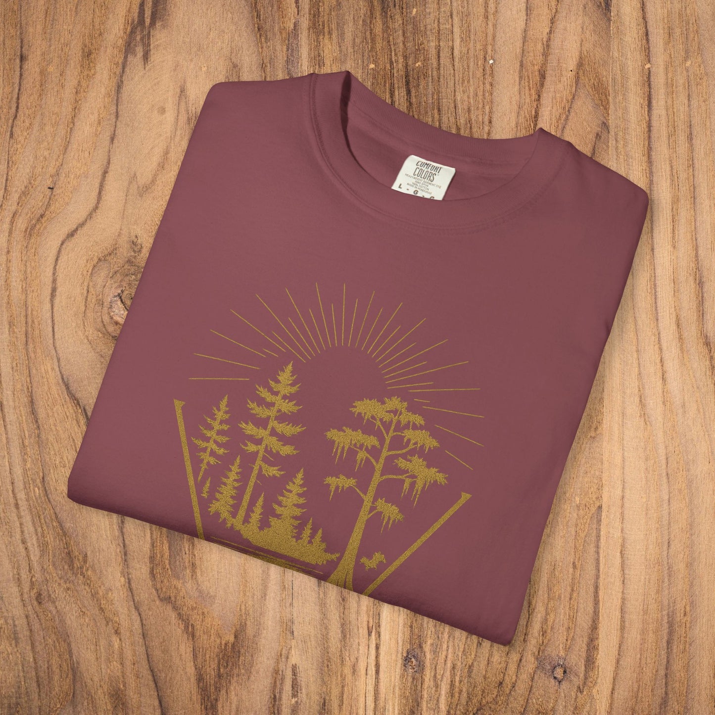 Nature Outdoor Vibes Tee - Soft 100% US Cotton in maroon, displaying a vibrant forest graphic, designed for seamless comfort and durability.