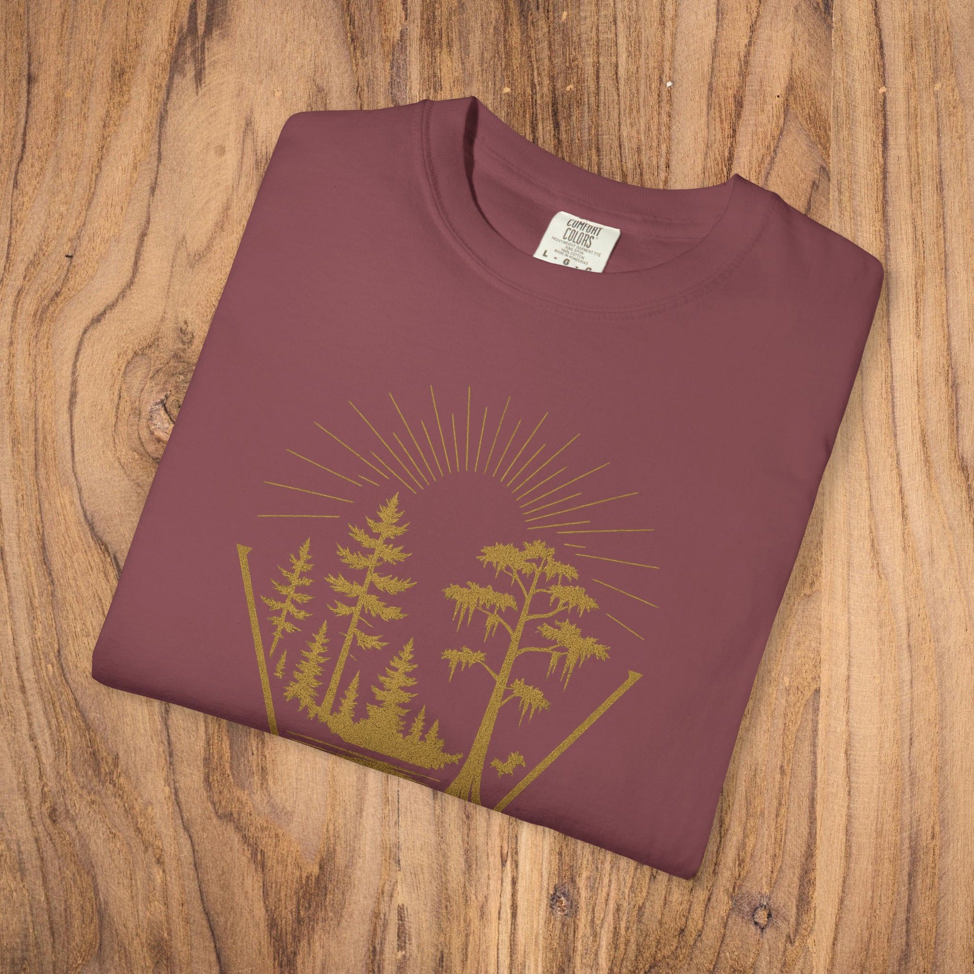 Nature Outdoor Vibes Tee - Soft 100% US Cotton in maroon, displaying a vibrant forest graphic, designed for seamless comfort and durability.