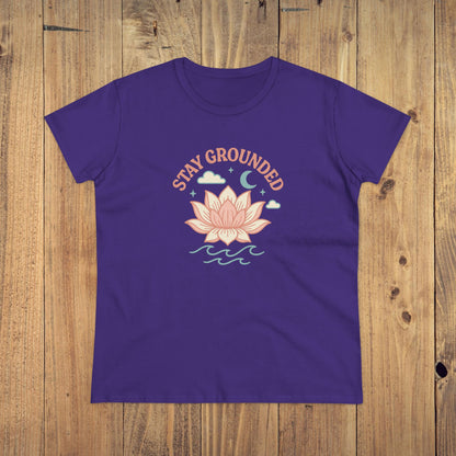Stay Grounded Spiritual Tee - Rich purple crop top featuring a lotus flower graphic, ideal for sunny days and relaxed gatherings.