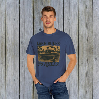 Another view of the model wearing the Unisex Garment-Dyed Lake Rules Tee, highlighting the relaxed fit and vintage style ideal for summer gatherings.