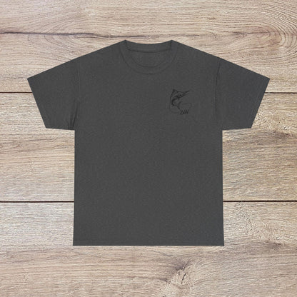 Fishing Adventure Tee in dark heather gray with a stylish fish graphic, a must-have shirt for fishing enthusiasts, ideal for casual outings and summer adventures.