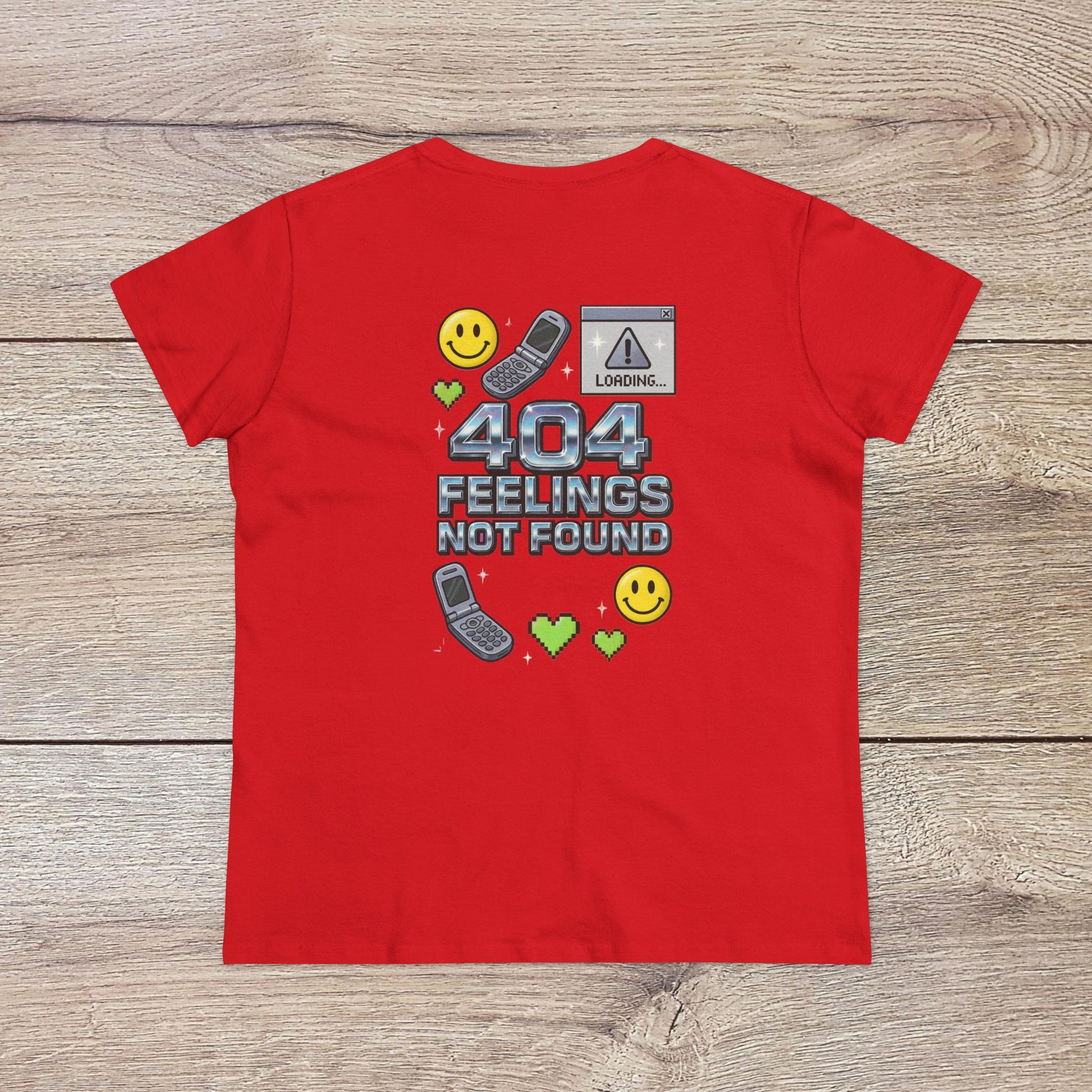 Back view of the 404 Y2K Graphic T-Shirt in red, showcasing playful graphics including '404 Feelings Not Found' and smiley icons, perfect for nostalgic fashion lovers.