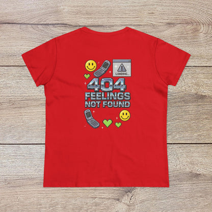 Back view of the 404 Y2K Graphic T-Shirt in red, showcasing playful graphics including '404 Feelings Not Found' and smiley icons, perfect for nostalgic fashion lovers.