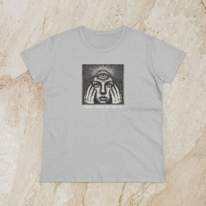 Stylish Third Eye Graphic Tee in light grey; features a captivating graphic of an eye with hands. This 100% cotton cropped fit shirt ensures a comfortable yet stylish experience.