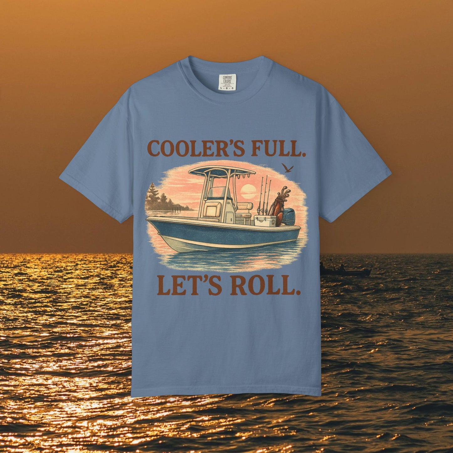 Men's & Women's Durable Cotton Full Tee showcasing 'Cooler's Full. Let's Roll.' graphic, in blue shade, great for fishing and boating enthusiasts.