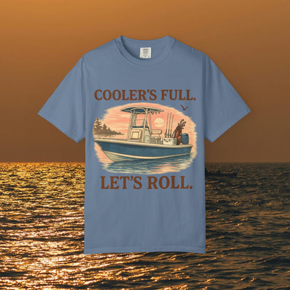 Men's & Women's Durable Cotton Full Tee showcasing 'Cooler's Full. Let's Roll.' graphic, in blue shade, great for fishing and boating enthusiasts.