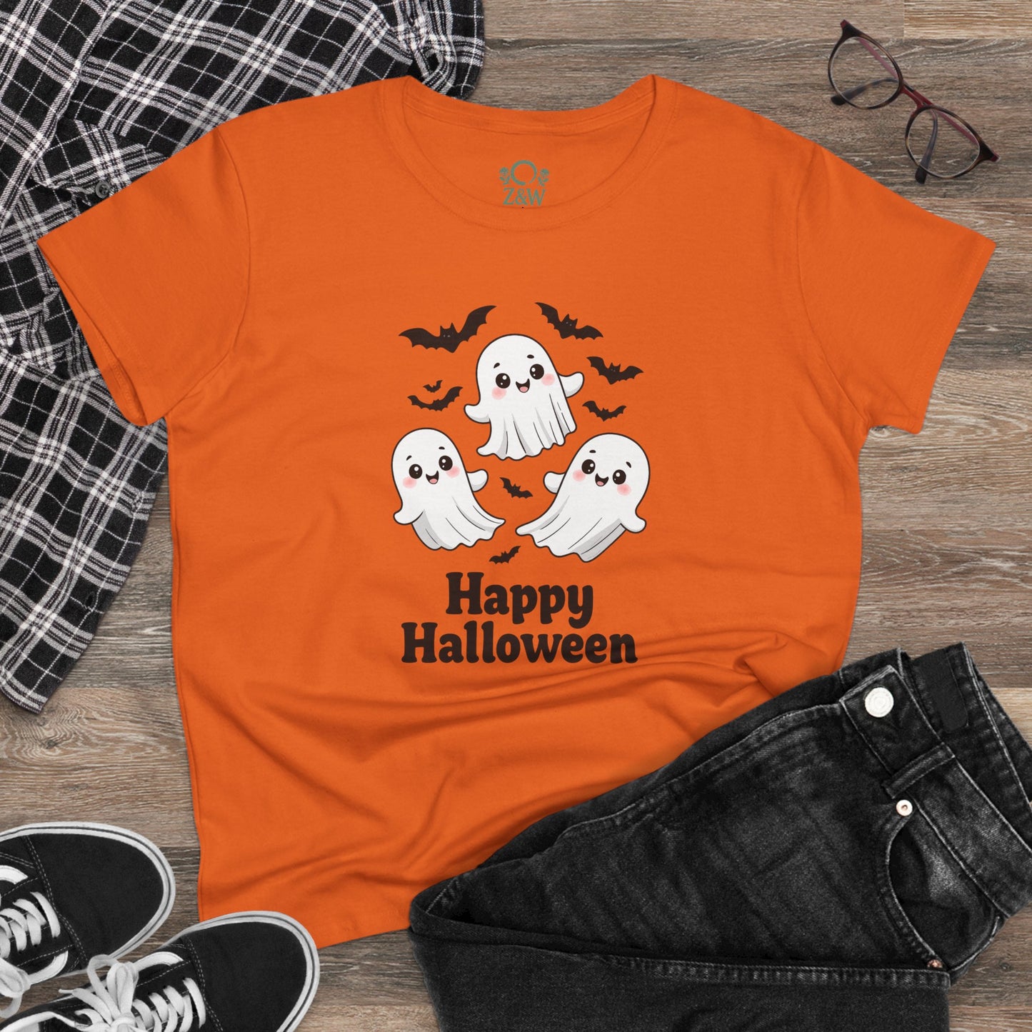 Cute Halloween Ghost T-Shirt for Kids & Adults, Unisex Spooky Tee in vibrant orange featuring cheerful ghosts and bats, perfect for Halloween festivities and casual wear.