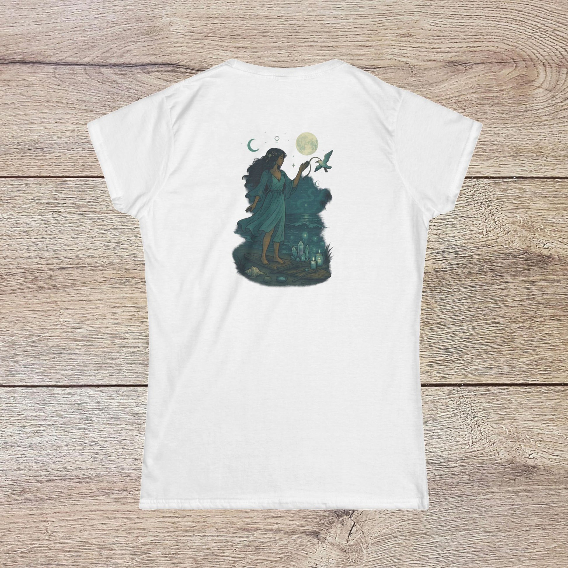 Back view of Moon Child T-Shirt in White, featuring enchanting illustration, perfect for expressing whimsical personality.