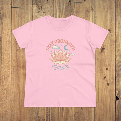 Stay Grounded Spiritual Tee - Pink comfortable crop top featuring a lotus flower design, perfect for festivals and casual outings.