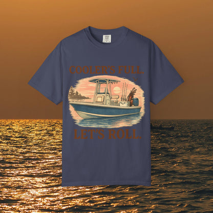 Men's & Women's Durable Cotton Full Tee displaying 'Cooler's Full. Let's Roll.' illustration, in purple tone, suitable for relaxed days and outdoor gatherings.