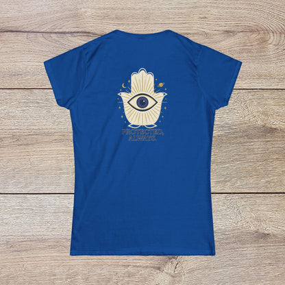Ladies' V-Neck T-Shirt - Comfortable 100% Cotton Tee in blue, featuring an inspiring graphic on the back with an eye and hand design, promoting messages of protection and positivity.