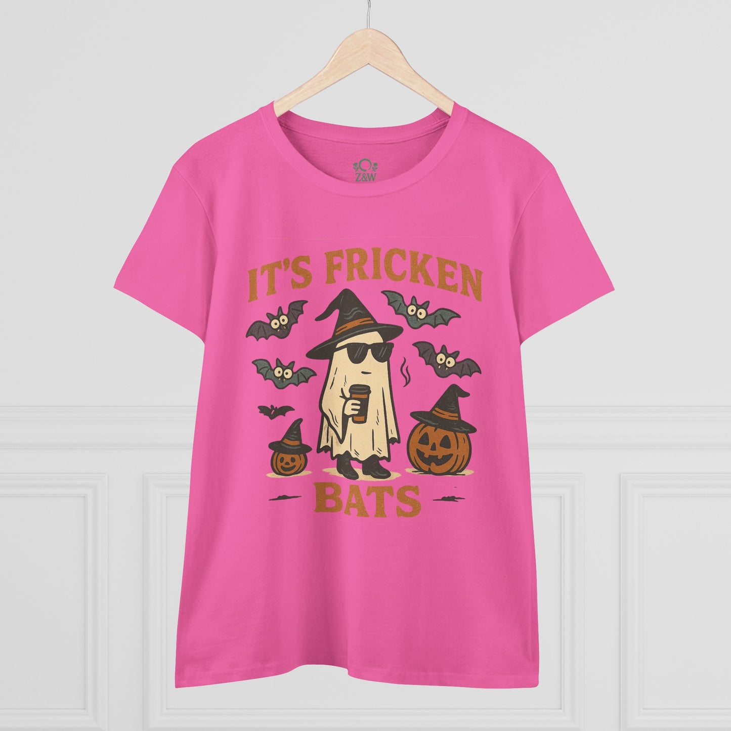 Bright pink Halloween Unisex T-Shirt with a humorous ghost and bat graphic, great for Halloween celebrations.
