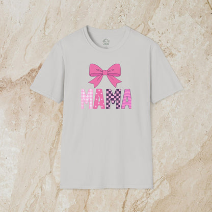 Light gray Mama Bow Tee with a trendy bow graphic, made from 100% cotton and designed with a seamless structure and ribbed collar.