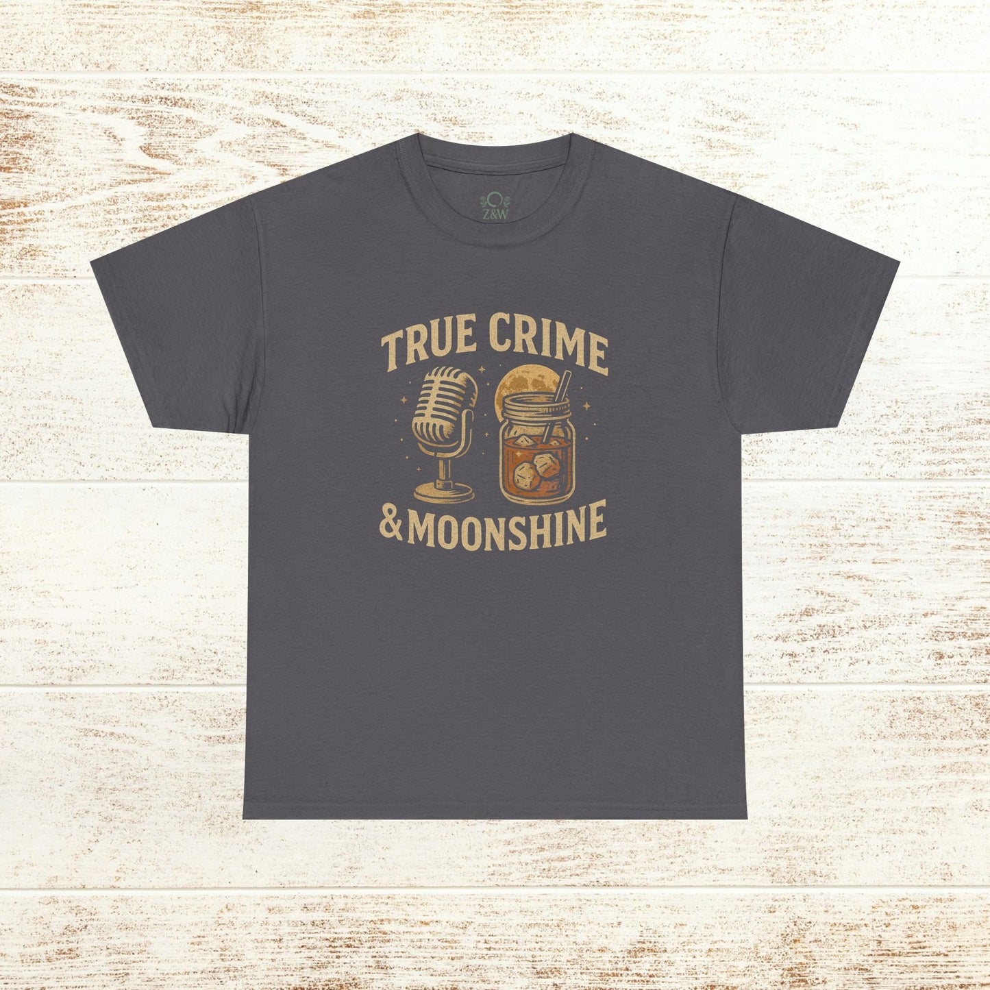 True Crime & Moonshine Unisex Graphic Tee - Vintage Casual Wear for True Crime Lovers with a playful microphone and moonshine jar illustration on a heather gray shirt.