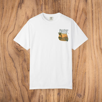 Bayshore Lifestyle Tee showcased in classic white, emphasizing its lightweight 100% cotton fabric and stylish design.