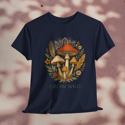 Wild Mushroom Graphic Tee in navy blue, featuring vibrant mushrooms and floral accents. An eco-friendly unisex cotton shirt designed for nature lovers and adventure apparel.