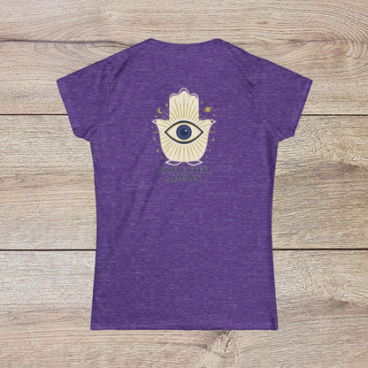 Ladies' V-Neck T-Shirt - Comfortable 100% Cotton Tee with Positive Graphic Design showcasing a purple back with an eye and hand graphic, conveying protection.