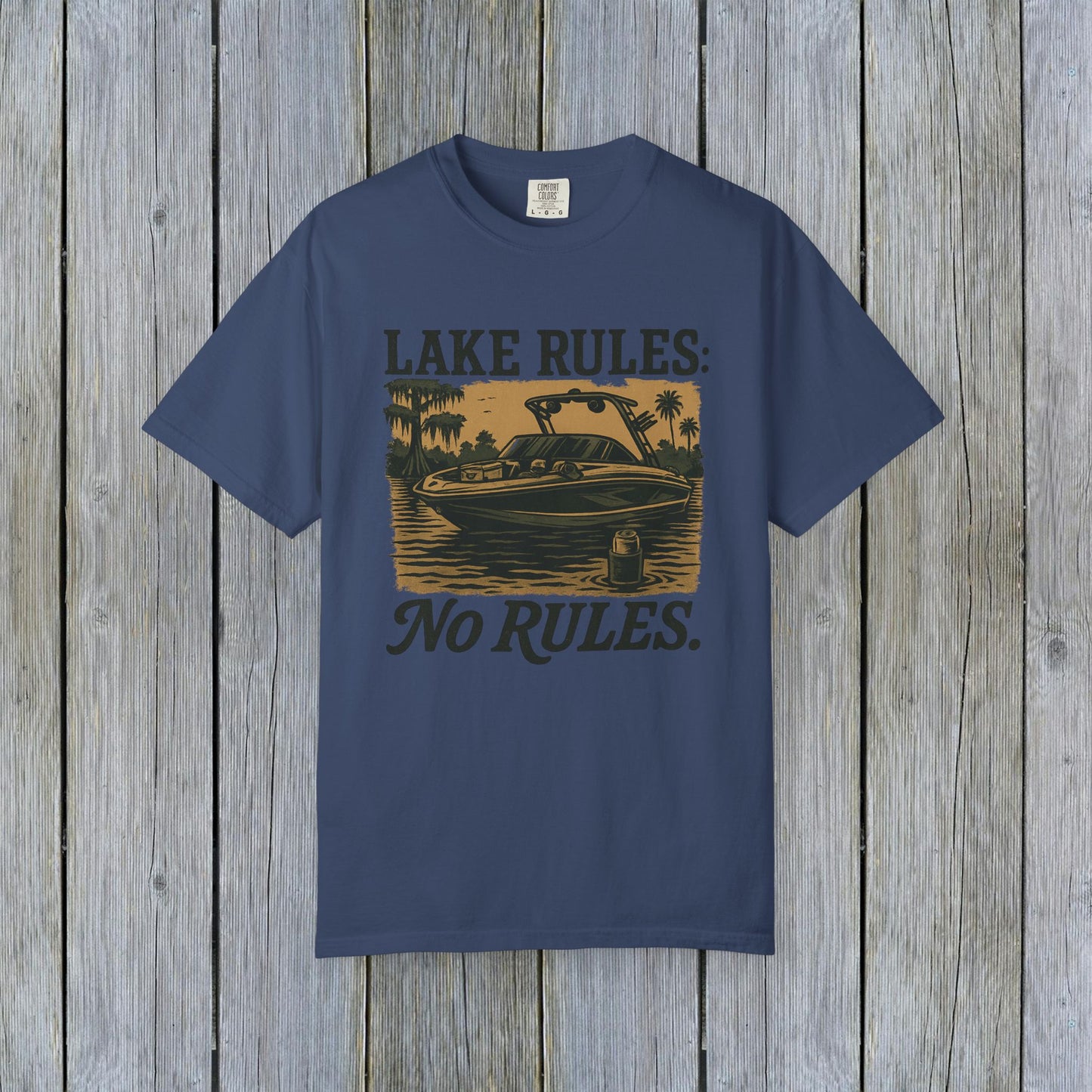 Stylish Unisex Garment-Dyed Lake Rules Tee in navy color, displaying a fun lake-themed graphic with 'Lake Rules: No Rules.' Ideal for summer and casual outings.