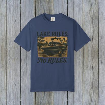 Stylish Unisex Garment-Dyed Lake Rules Tee in navy color, displaying a fun lake-themed graphic with 'Lake Rules: No Rules.' Ideal for summer and casual outings.