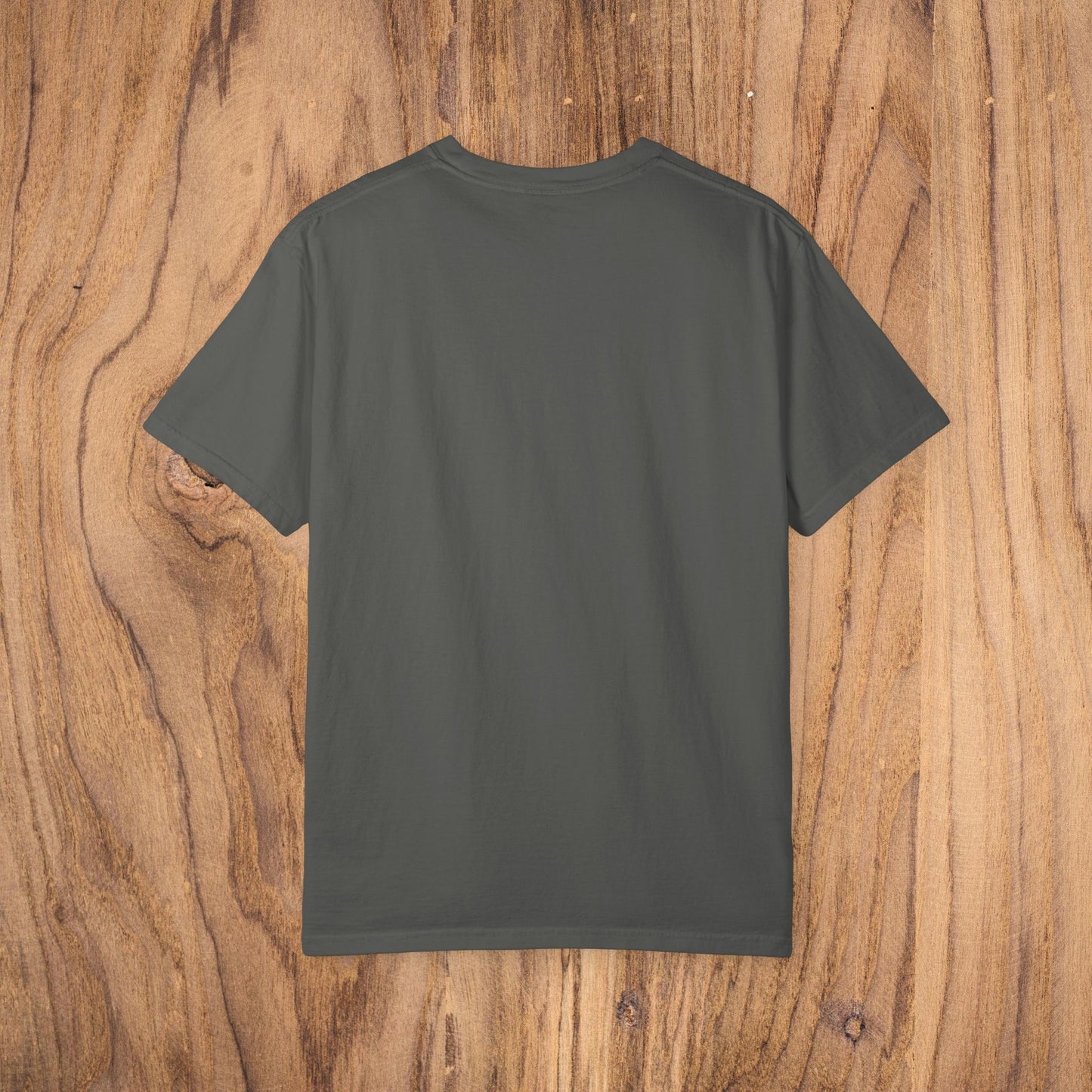 Back view of the Bayshore Lifestyle Tee in dark gray color, highlighting its simple design and lightweight 100% cotton fabric, perfect for everyday wear.