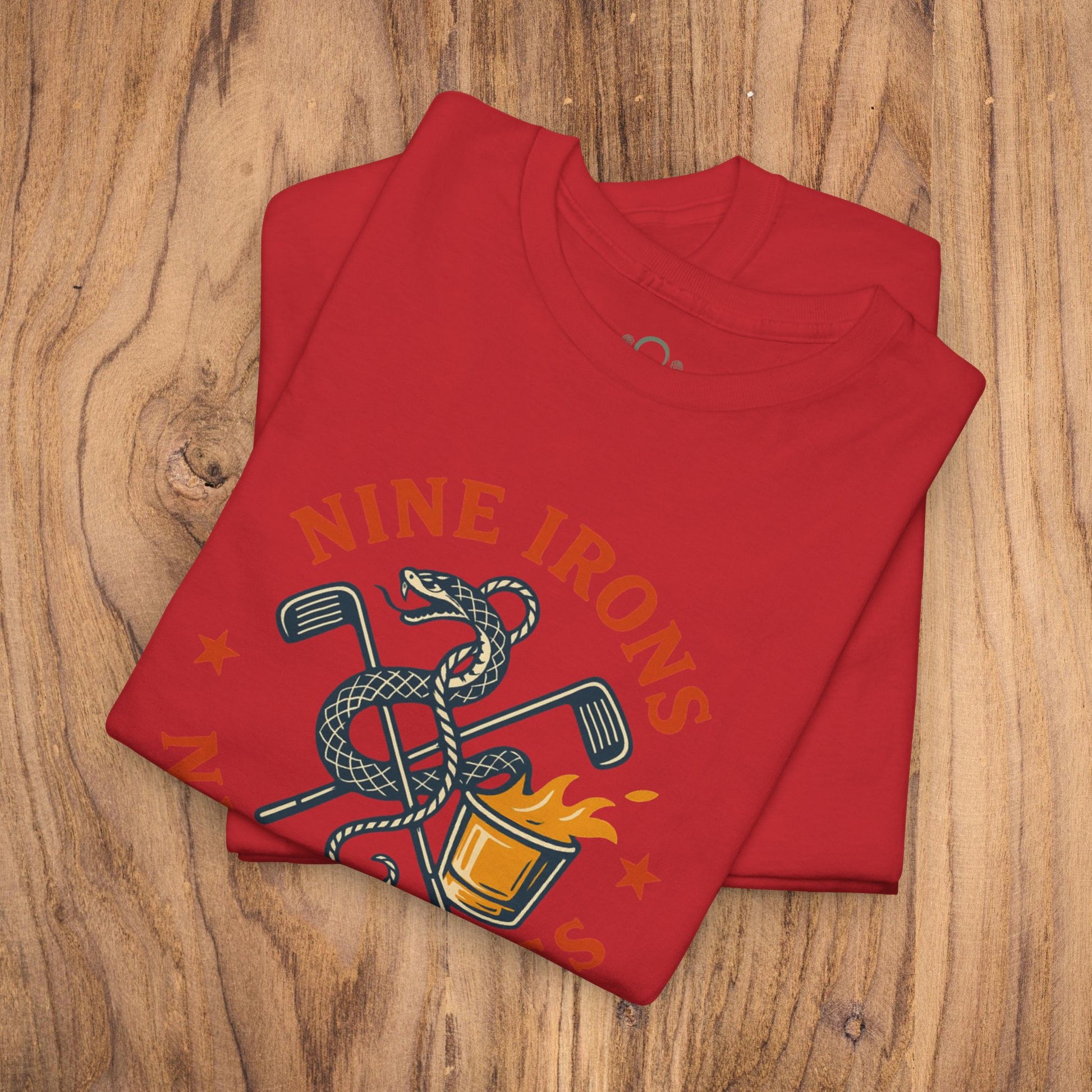 Golf-Themed 100% Cotton T-Shirt in red, displaying a vibrant 'NINE IRONS' design with golf imagery, perfect for casual outings and a thoughtful gift for golf-loving dads.