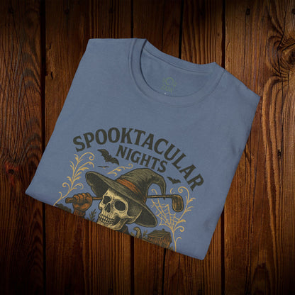 Spooktacular Nights Halloween T-Shirt for Unisex featuring a vintage skull graphic, perfect for fall parties and Halloween celebrations.