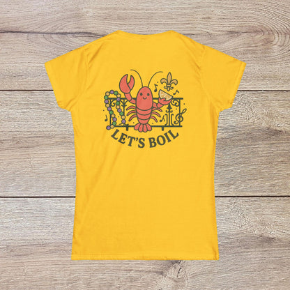 Crawfish Boil Shirt for Women - Back view of a yellow tee featuring a colorful crawfish design with the text 'LET'S BOIL', ideal for seafood lovers during summer outings.