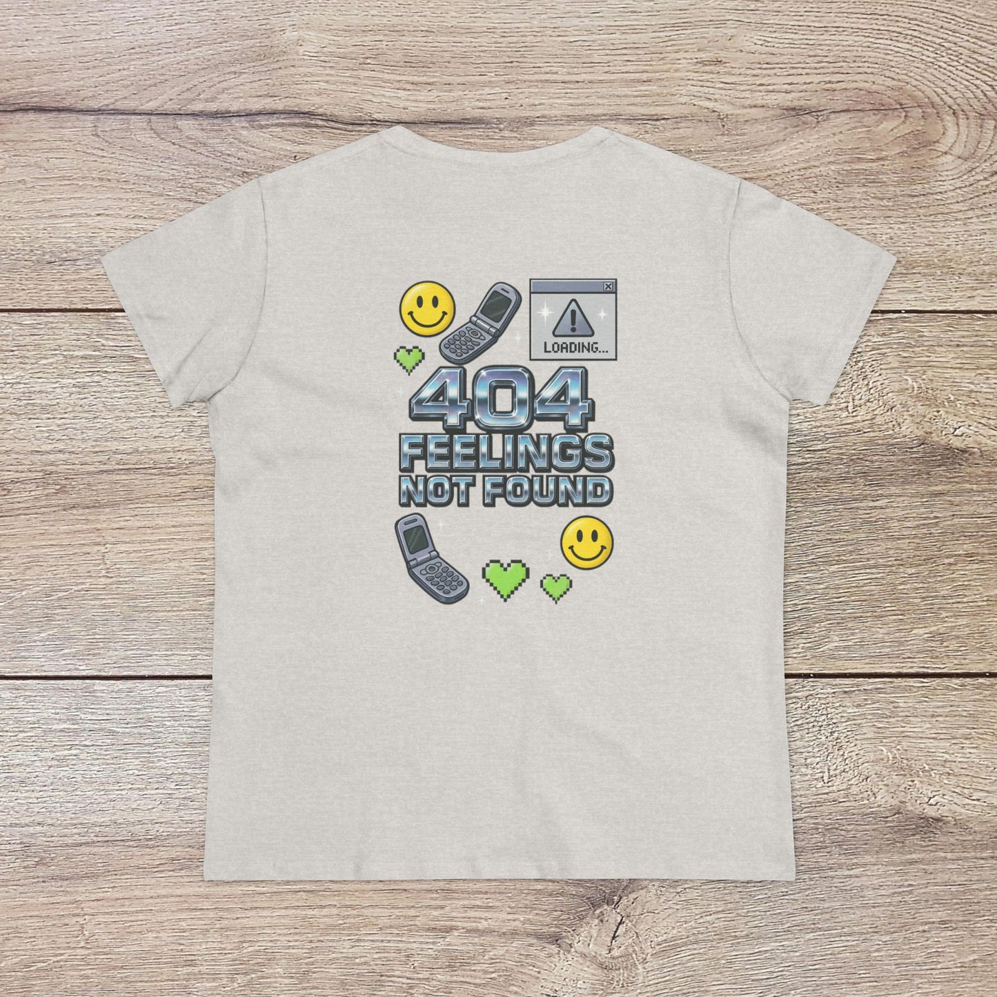 Light-colored 404 Y2K Graphic T-Shirt highlighting the back graphic '404 Feelings Not Found' with cheerful icons. A unique statement piece for those nostalgic for the Y2K era.
