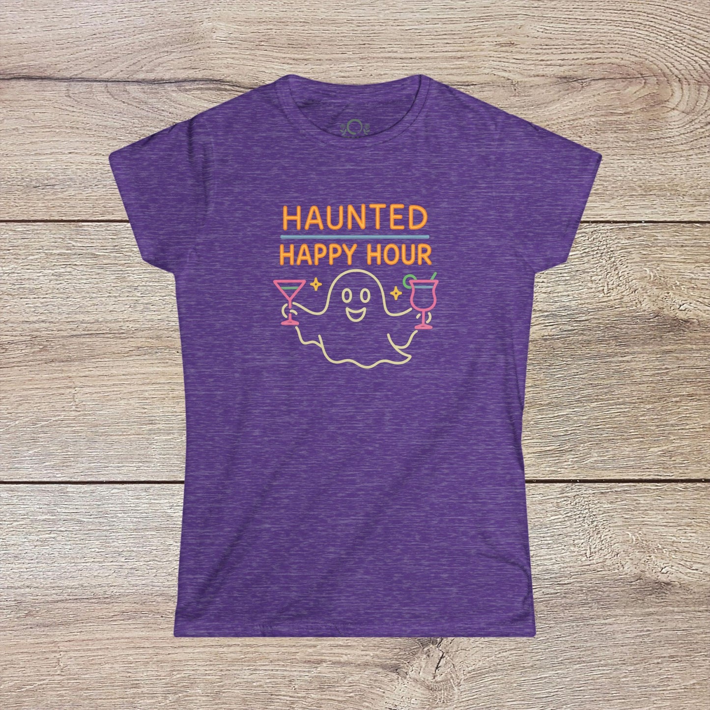 Haunted Happy Hour T-Shirt featuring a playful ghost graphic with cocktails, made from eco-friendly cotton. Perfect for Halloween parties and casual outings.
