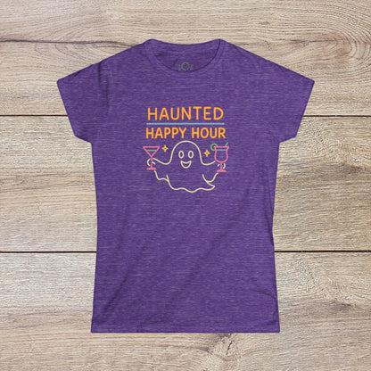 Haunted Happy Hour T-Shirt featuring a playful ghost graphic with cocktails, made from eco-friendly cotton. Perfect for Halloween parties and casual outings.