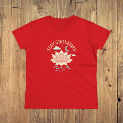 Stay Grounded Spiritual Tee - Red comfortable crop top with a lotus flower graphic, ideal for summer festivals and laid-back activities.