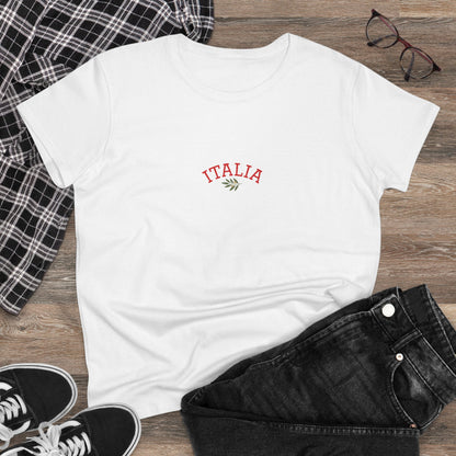 Unisex Ultra Cotton Tee with Italian Heritage Design featuring 'ITALIA' text, styled casually with black jeans and sneakers - Perfect for Casual Adventures.