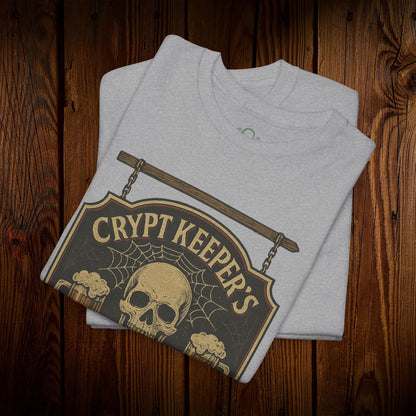 Crypt Keeper's Pub Tee featuring a vintage skull and spiderweb design, perfect for Halloween, pub crawls, and casual wear. Made from 100% durable cotton for comfort.