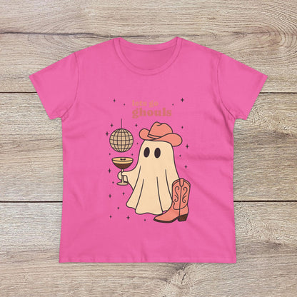 Let's Go Ghouls Tee in playful pink, featuring a charming ghost in cowboy attire, perfect for Halloween celebrations. Made from soft, high-quality cotton.