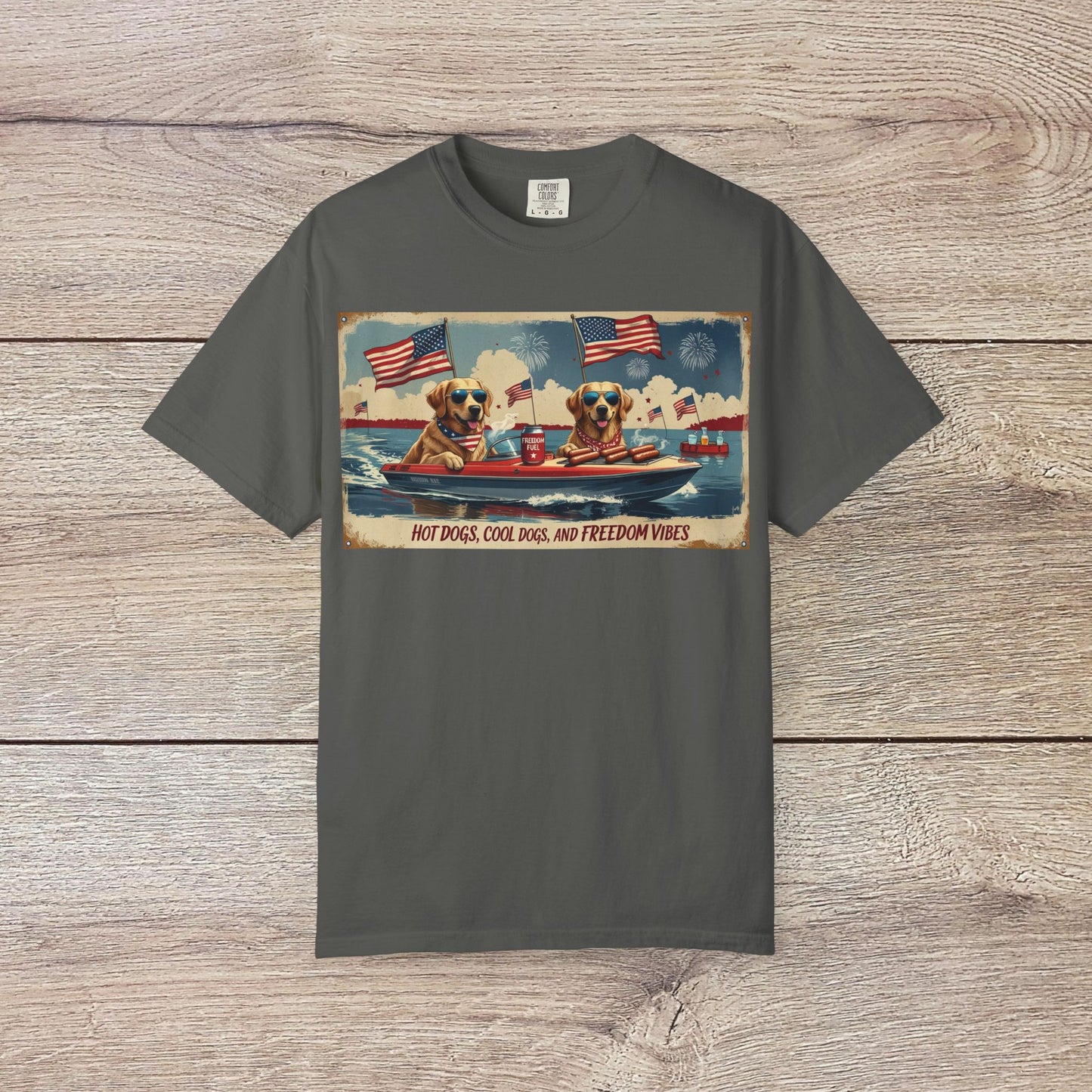 Men's Golden Tee: Comfortable Cotton T-Shirt with Ribbed Collar, showcasing a gray background and lively graphic of dogs in a boat, embodying freedom and fun.
