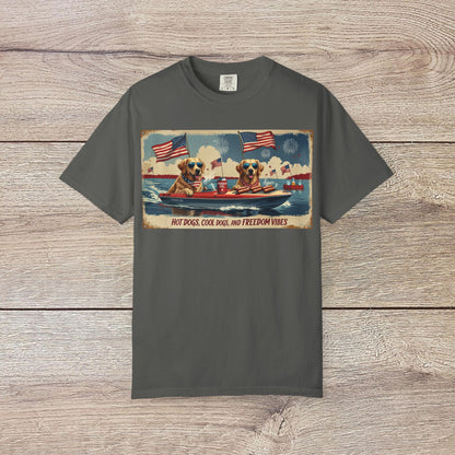 Men's Golden Tee: Comfortable Cotton T-Shirt with Ribbed Collar, showcasing a gray background and lively graphic of dogs in a boat, embodying freedom and fun.