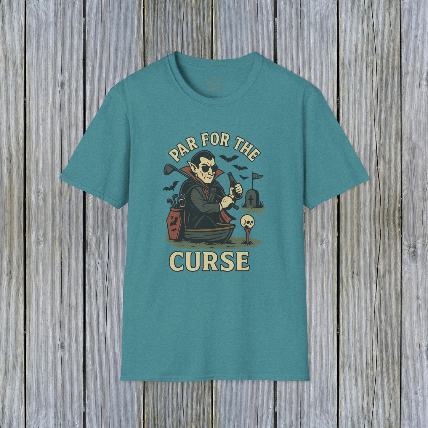Funny Halloween Unisex T-Shirt featuring 'Par For The Curse' design in a trendy teal shade, perfect for Halloween festivities.