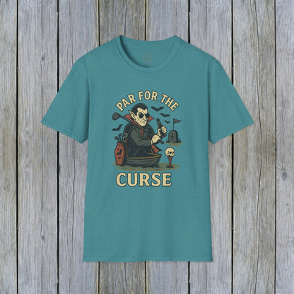 Funny Halloween Unisex T-Shirt featuring 'Par For The Curse' design in a trendy teal shade, perfect for Halloween festivities.
