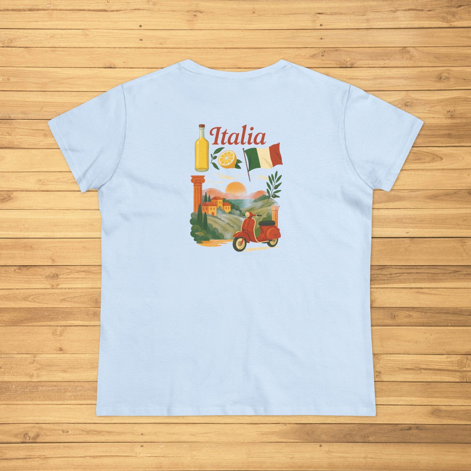 Back view of a light blue Unisex Ultra Cotton Tee with Italian Heritage Design showcasing vibrant Italian scenery, ideal for casual wear and showcasing Italian pride.