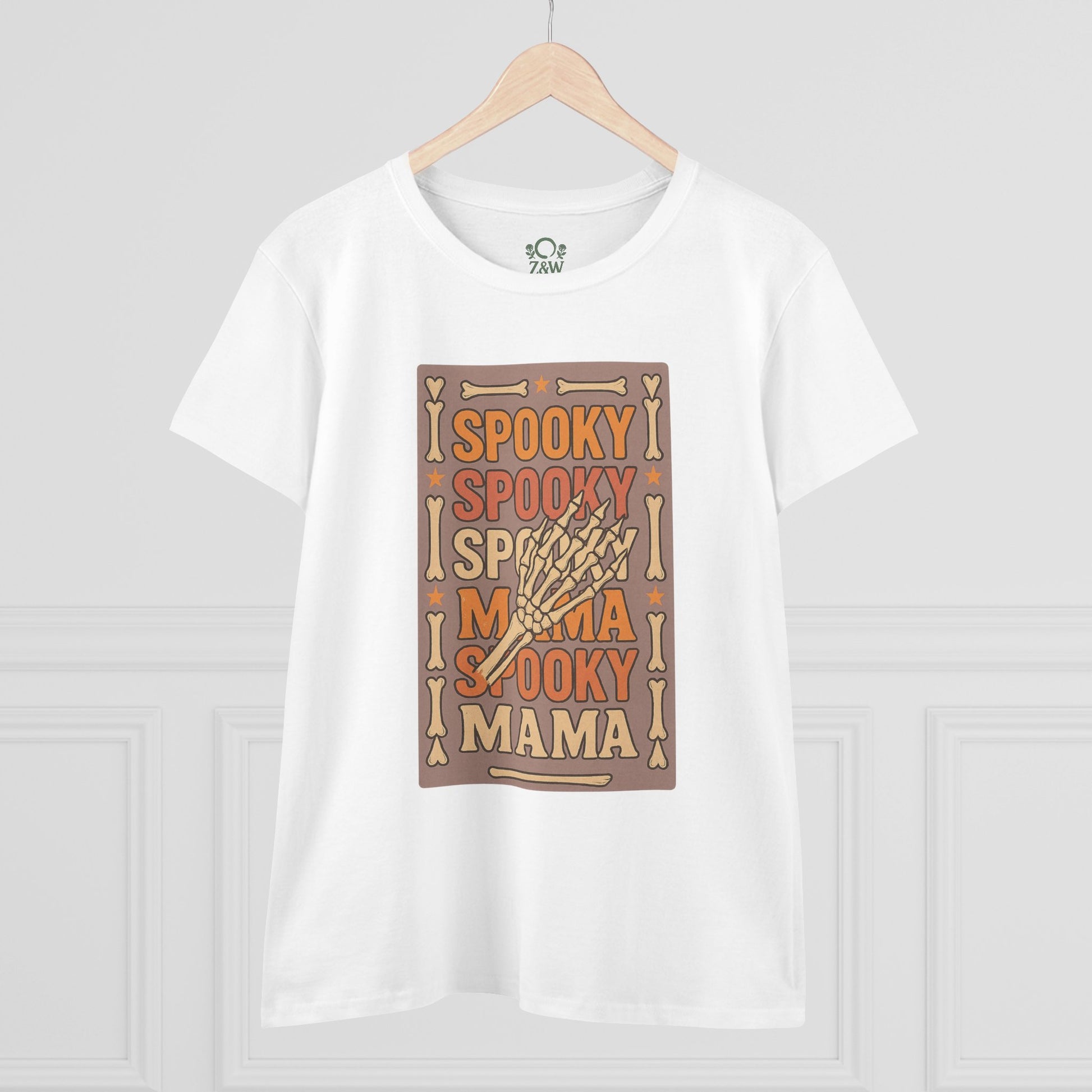 Spooky Mama Tee in white, displaying a vibrant front graphic design that emphasizes its fun Halloween theme.