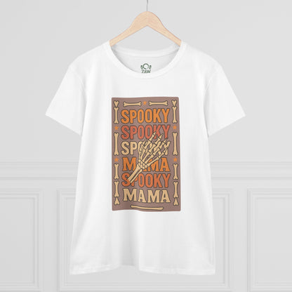 Spooky Mama Tee in white, displaying a vibrant front graphic design that emphasizes its fun Halloween theme.