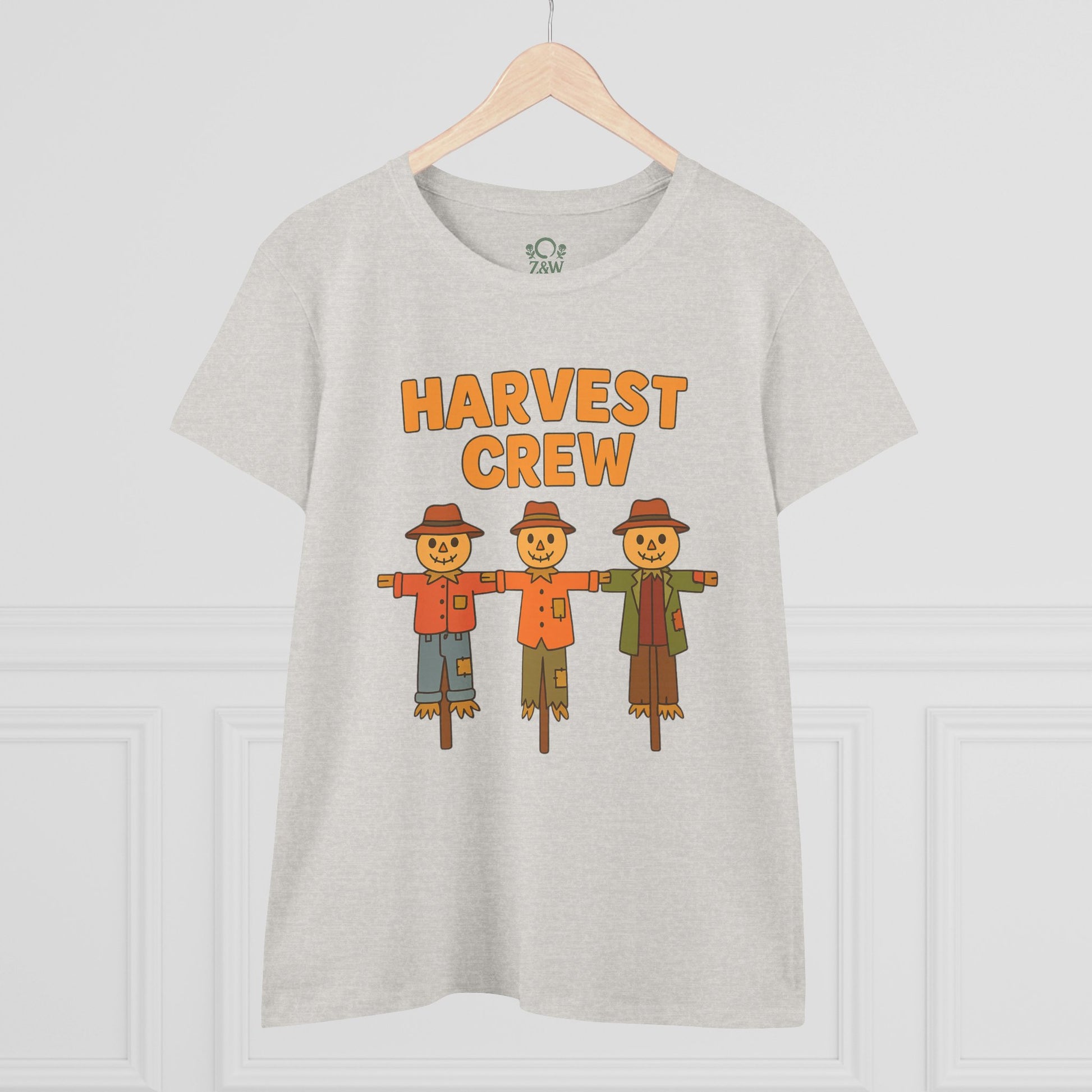 Front view of the Harvest Crew Halloween T-Shirt featuring playful scarecrow graphics designed for a festive look, showcasing soft 100% ring-spun cotton.