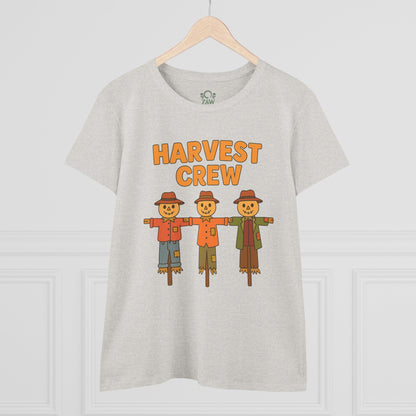Front view of the Harvest Crew Halloween T-Shirt featuring playful scarecrow graphics designed for a festive look, showcasing soft 100% ring-spun cotton.